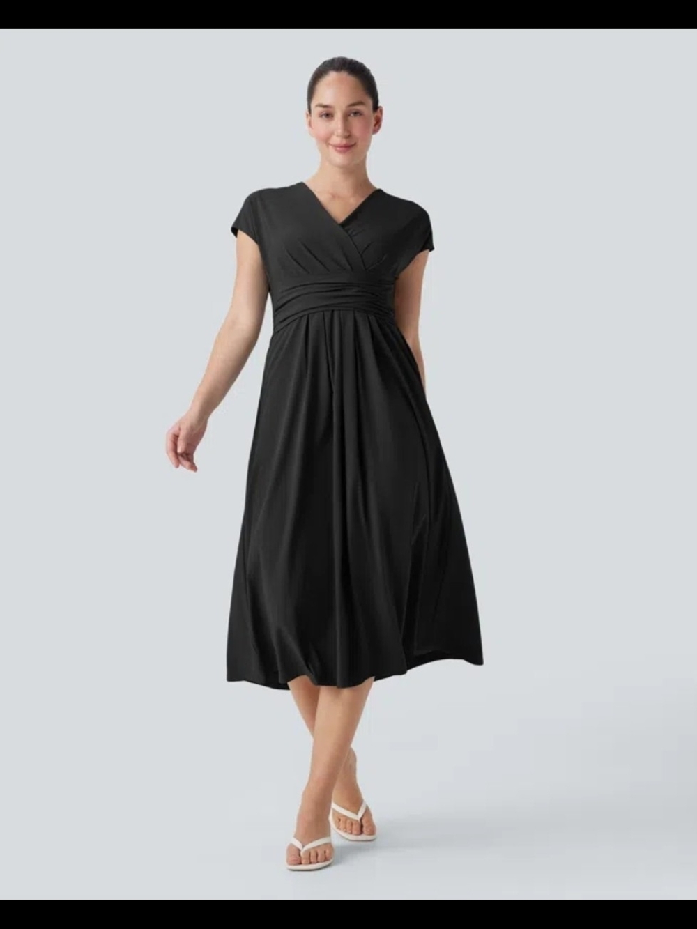 Breezeful V Neck Short Sleeve Side Pocket Tie Back Quick Dry Midi Casual Dress S